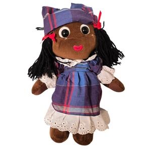 ENTRE CIEL et MER Rare Plush Doll African American Girl Plaid Dress Turban
